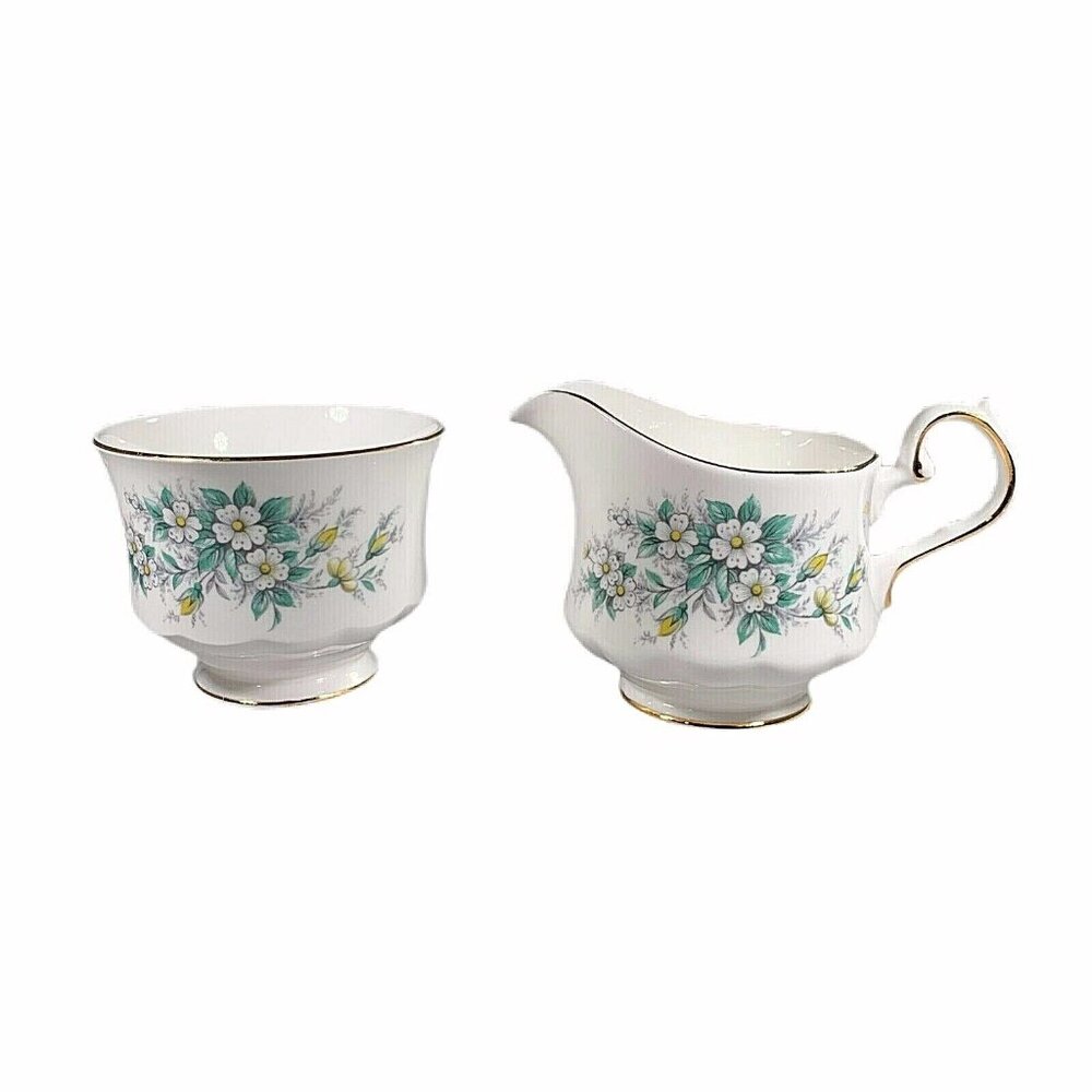 QUEEN ANNE Open Sugar Bowl & Creamer BONE CHINA ENGLAND FORGET-ME-NOTS Flowers